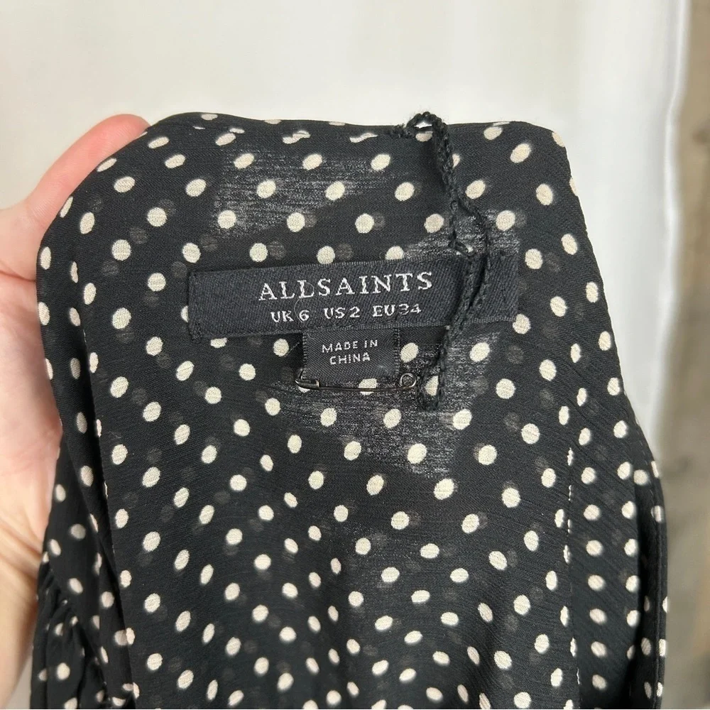 NEW ALLSAINTS Lara White Dot Black Sheer Long Sleeve High/Low Maxi Dress Size 2